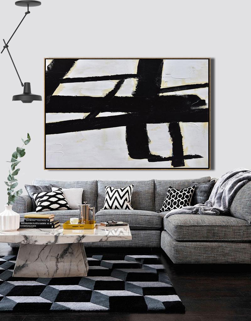 Textured Painting Canvas Art,Horizontal Palette Knife Minimal Canvas Art Painting Black White Beige - Big Canvas Painting - Click Image to Close
